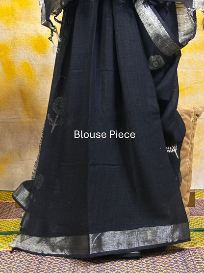 Black Hand Block Printed Linen Saree