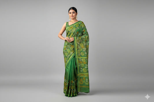 Green Pure Silk Kantha Stitch Saree