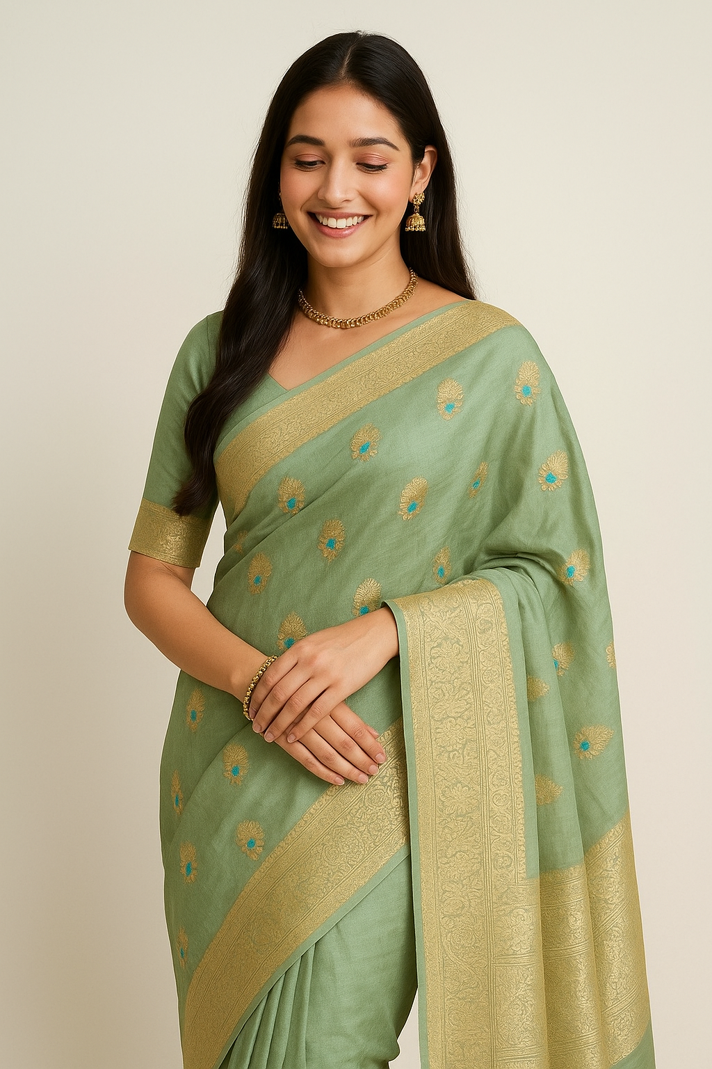 Pesta Green Tussar Banarasi Silk Saree