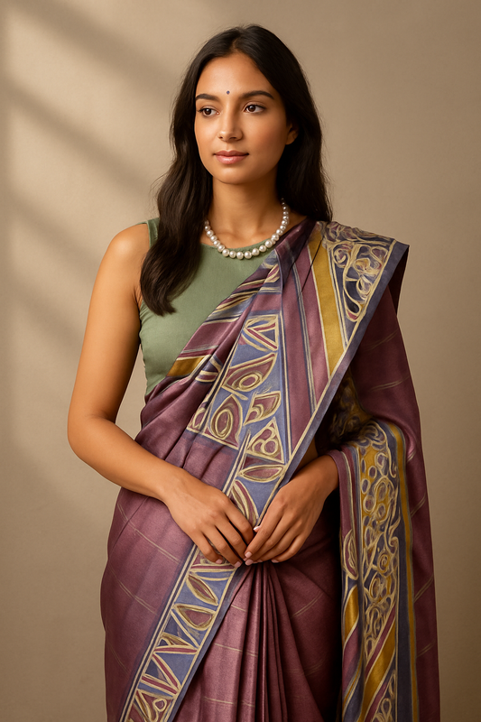 Alcohol Ink Painted Lilac Tussar Saree