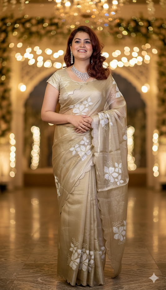 Water Gold Colour Embroidered Organza Silk Saree