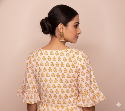White and Yellow Jaipur Printed Cotton Blouse