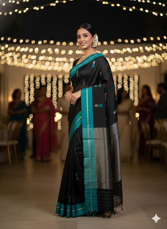 Black & Teal Chanderi Silk Saree