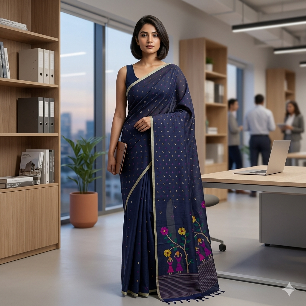 Woman in a navy blue saree with floral patterns in an office setting