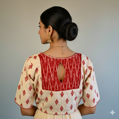 Red and Off White Flax Cotton Blouse