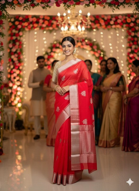 Red & Silver Zari Chanderi Silk Saree