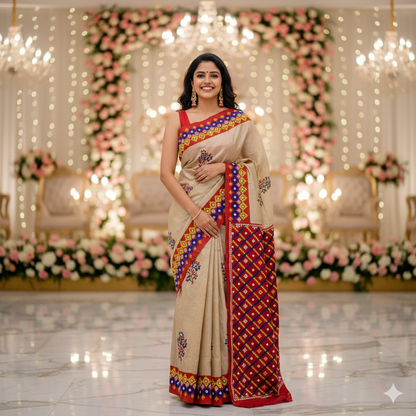 Tussar Silk Saree –  Hand Embroidered Gujrati Stitch