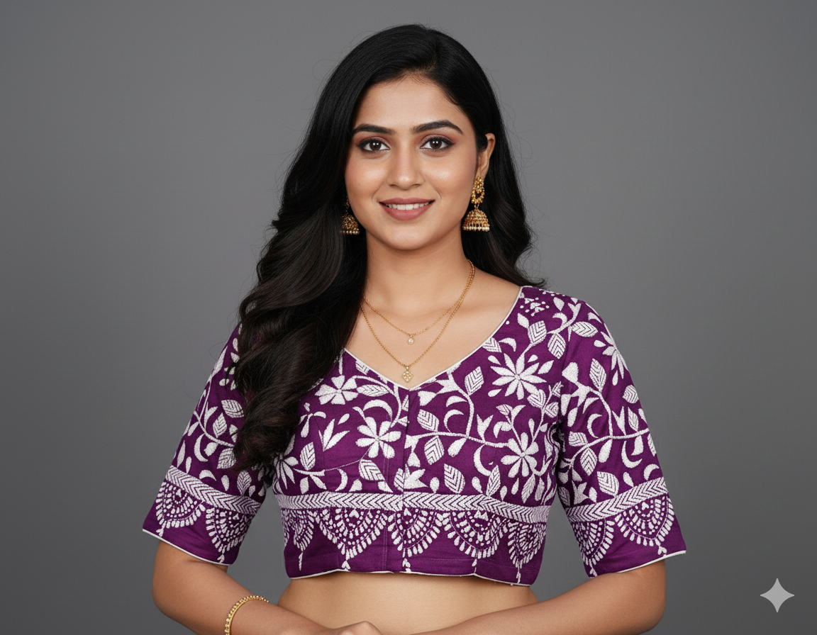 Purple Silk Cotton Blouse in Kantha Stitch