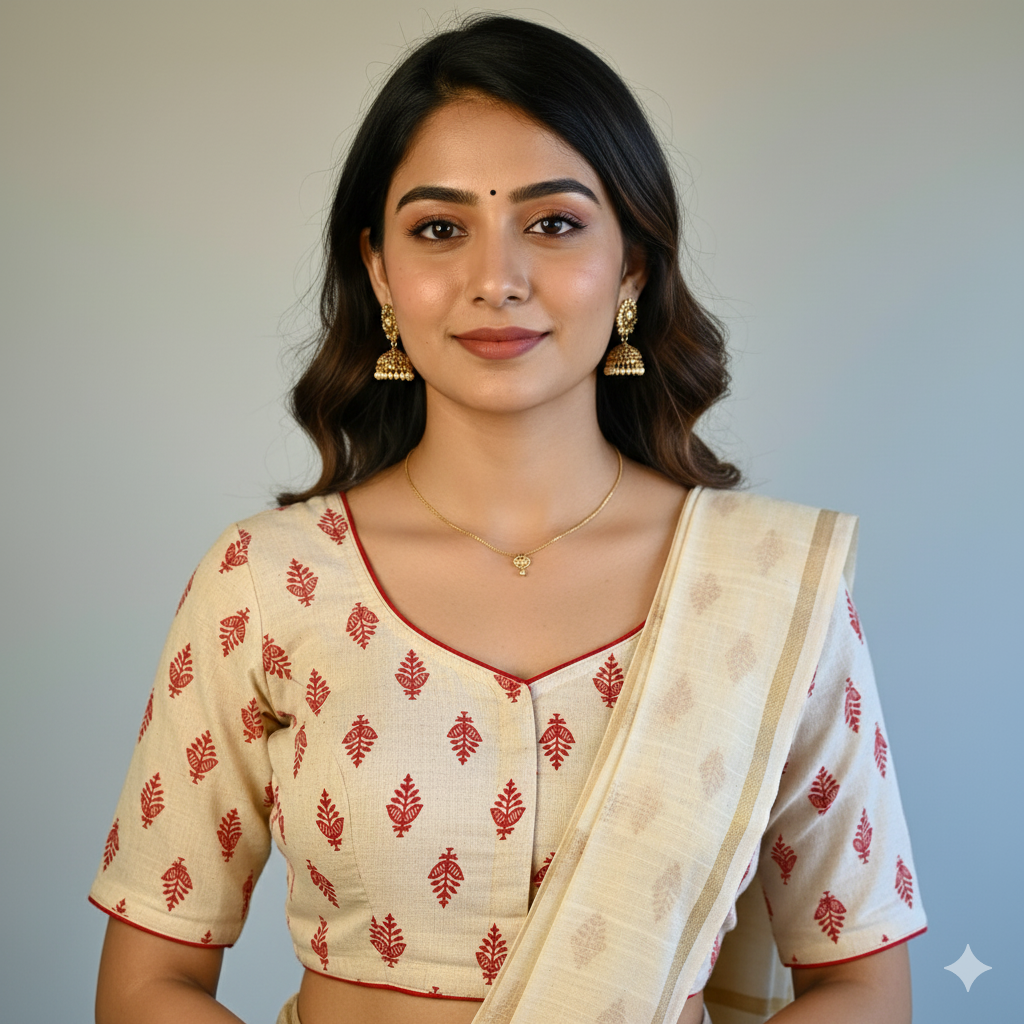 Red and Off White Flax Cotton Blouse