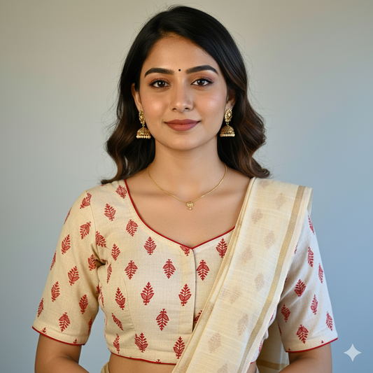 Red and Off White Flax Cotton Blouse