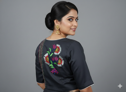 Embroidered Steel Grey  Silk Cotton Blouse