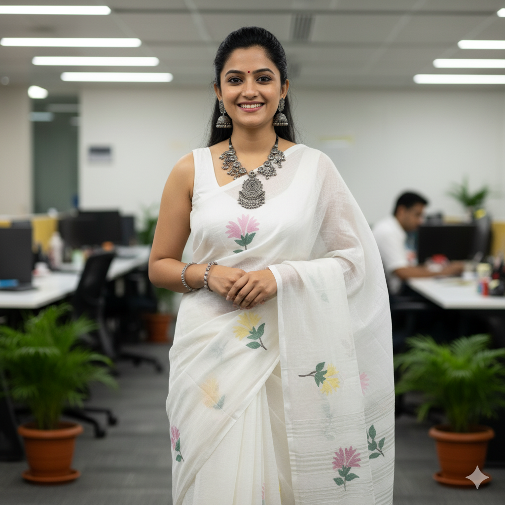 White Cotton  Dhakai Jamdani Saree