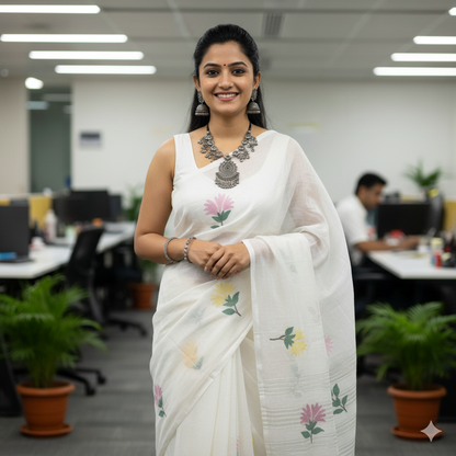 White Cotton  Dhakai Jamdani Saree