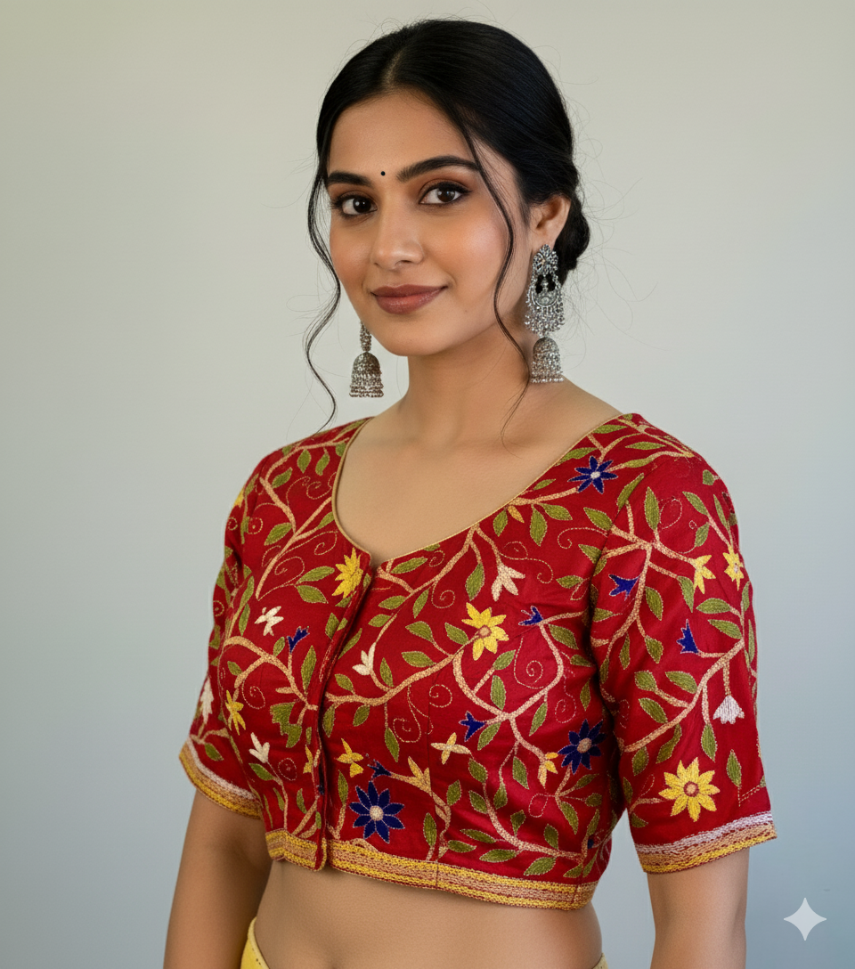 Kantha Work Red Silk Cotton Blouse