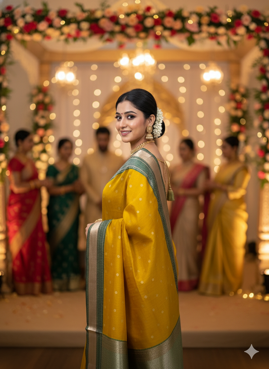 Yellow Green Chanderi Silk Saree