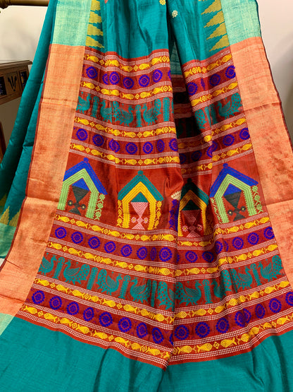 Turquoise Blue Dolaberi in Raw Silk Saree