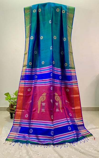 Dual tone Green and  Blue Pure Silk Kalakshetra Saree