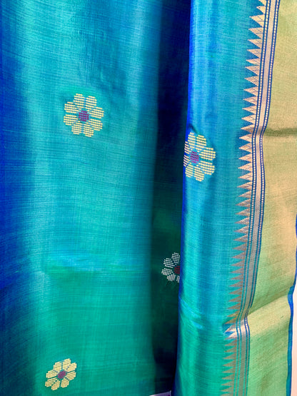 Dual tone Green and  Blue Pure Silk Kalakshetra Saree