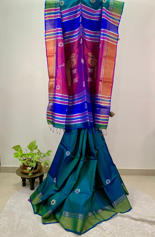 Dual tone Green and  Blue Pure Silk Kalakshetra Saree
