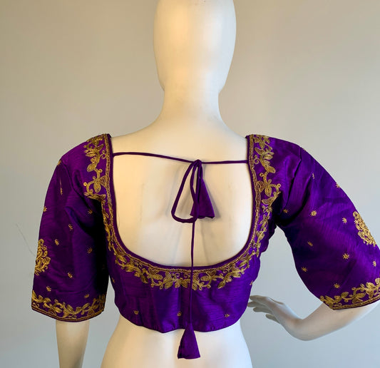 Purple Semi Silk Zari Embroidered Blouse