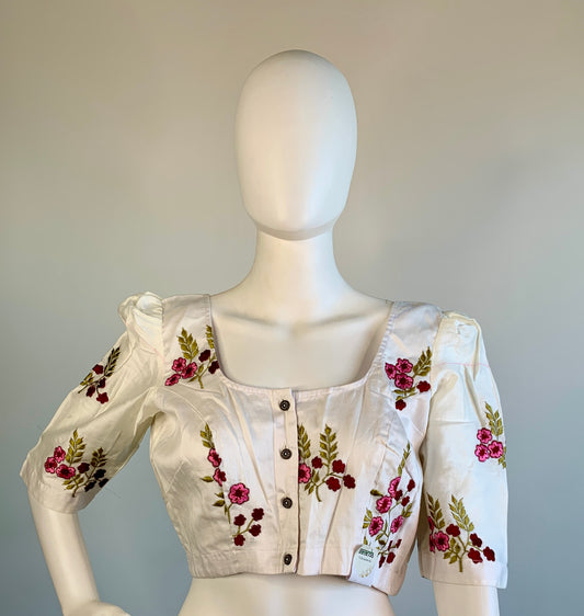Embroidered Off-White Silk Cotton Blouse