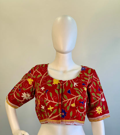 Kantha Work Red Silk Cotton Blouse