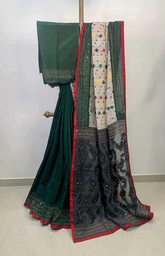 Black,White and Green Soft Dhakai Jamdani