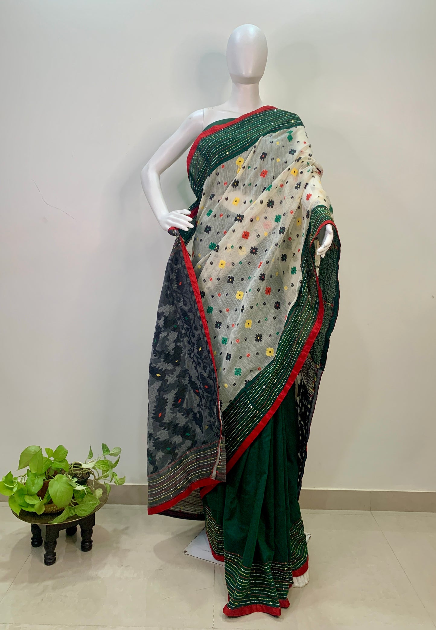 Black,White and Green Soft Dhakai Jamdani
