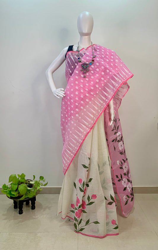 Pink & White Hand Painted Soft Dhakai Jamdani