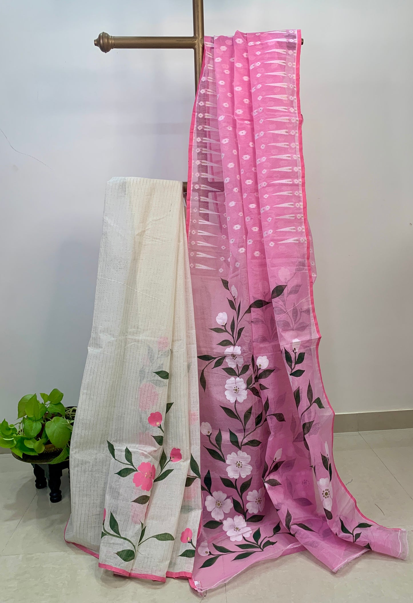 Pink & White Hand Painted Soft Dhakai Jamdani