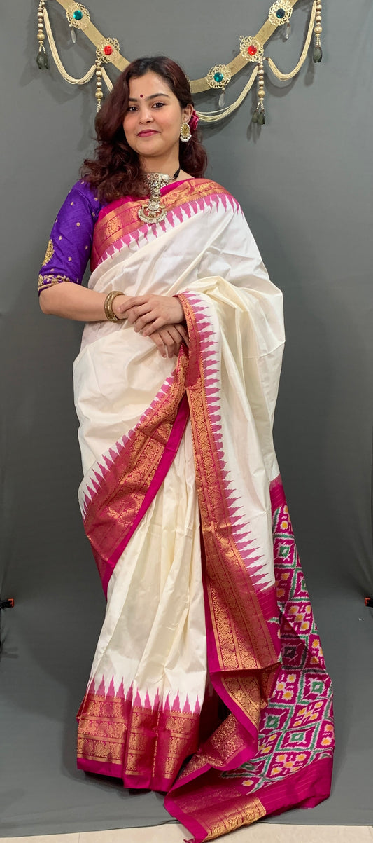 Majenta Pure Silk Ikkat Saree with Kachipuram Border