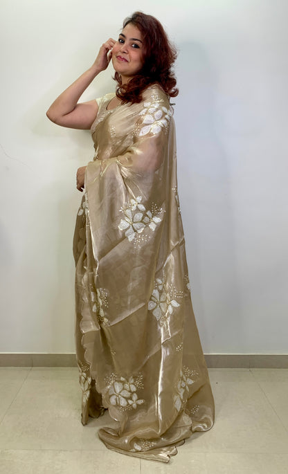 Water Gold Colour Embroidered Organza Silk Saree