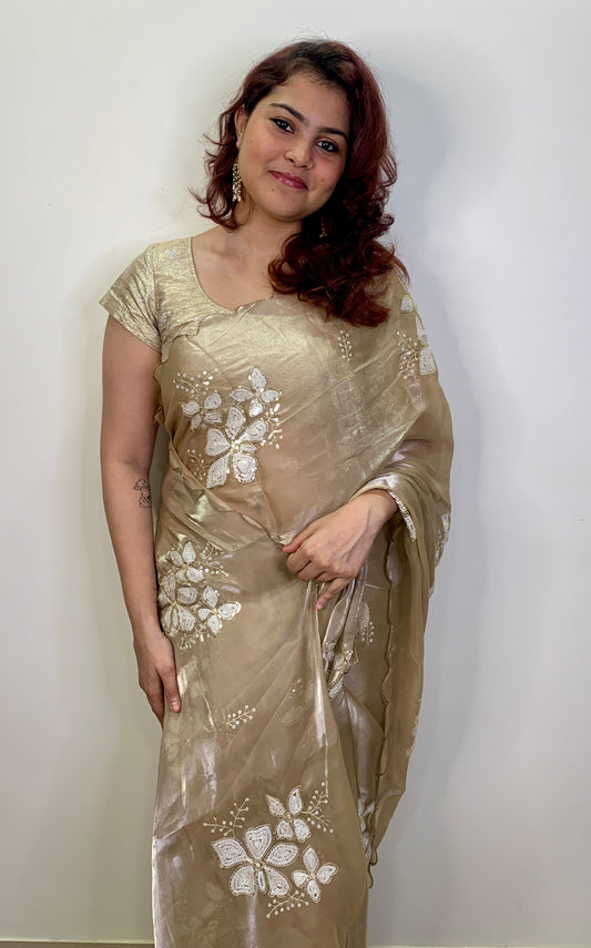 Water Gold Colour Embroidered Organza Silk Saree
