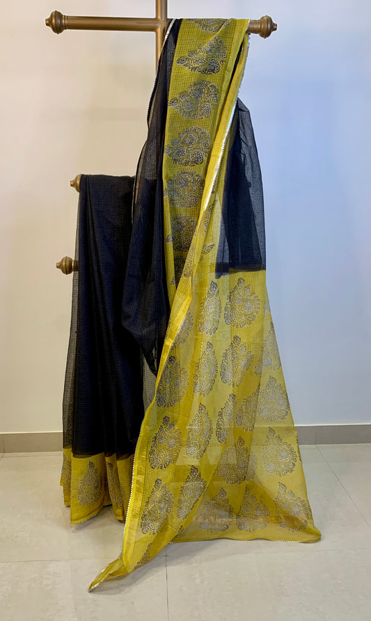 Bagru Printed Black and Yellow Colour Cotton Kota