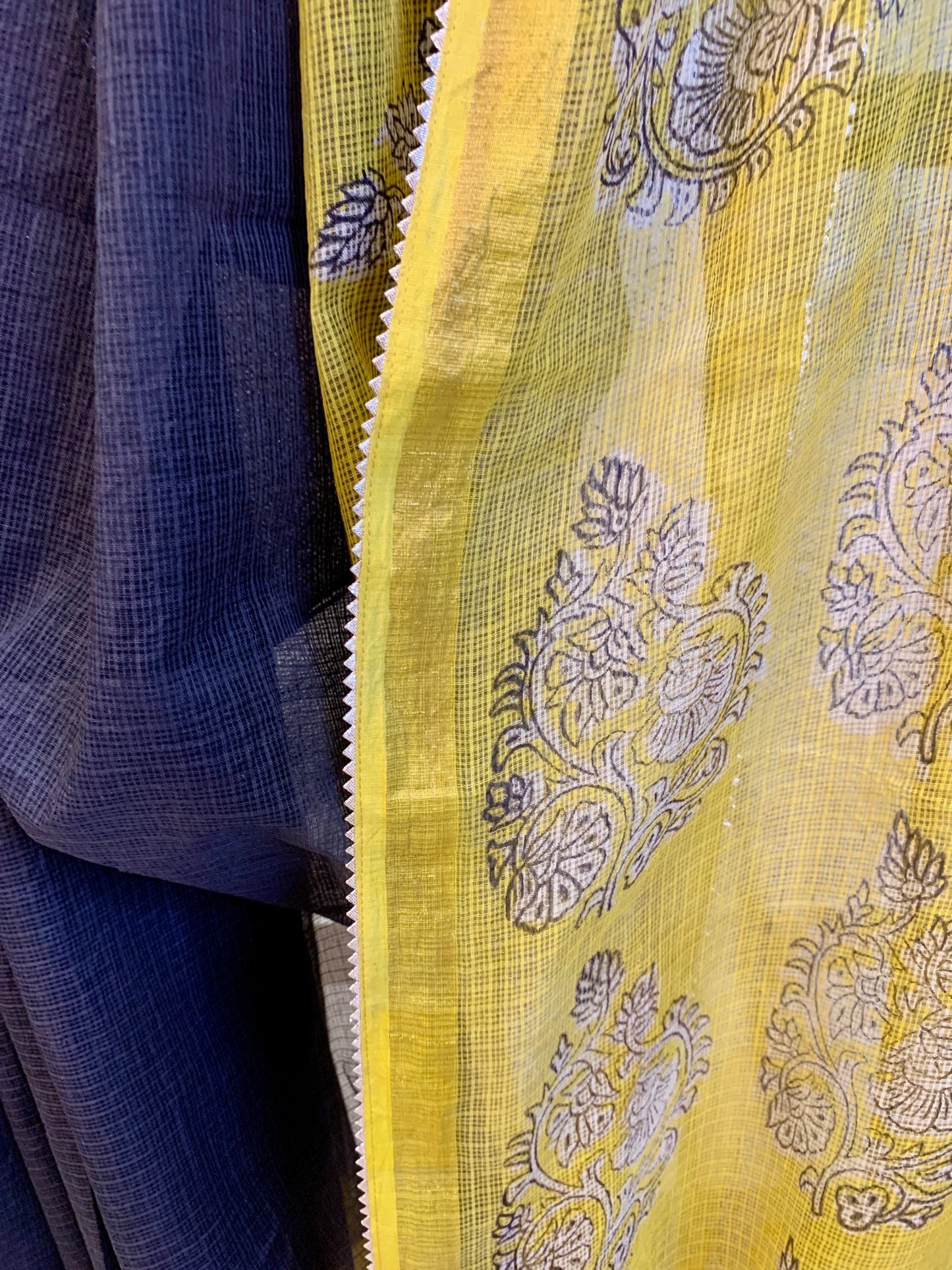 Bagru Printed Black and Yellow Colour Cotton Kota