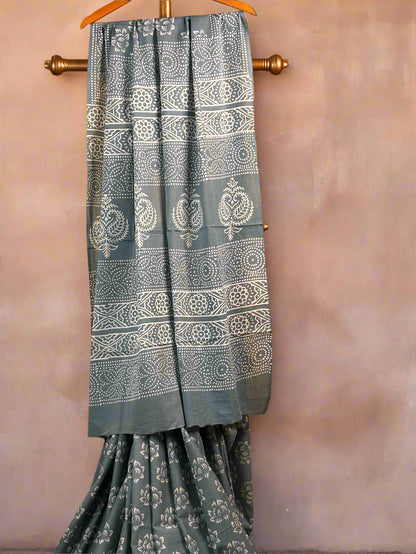 Grey and White Mul Mul Cotton Block Printed Saree