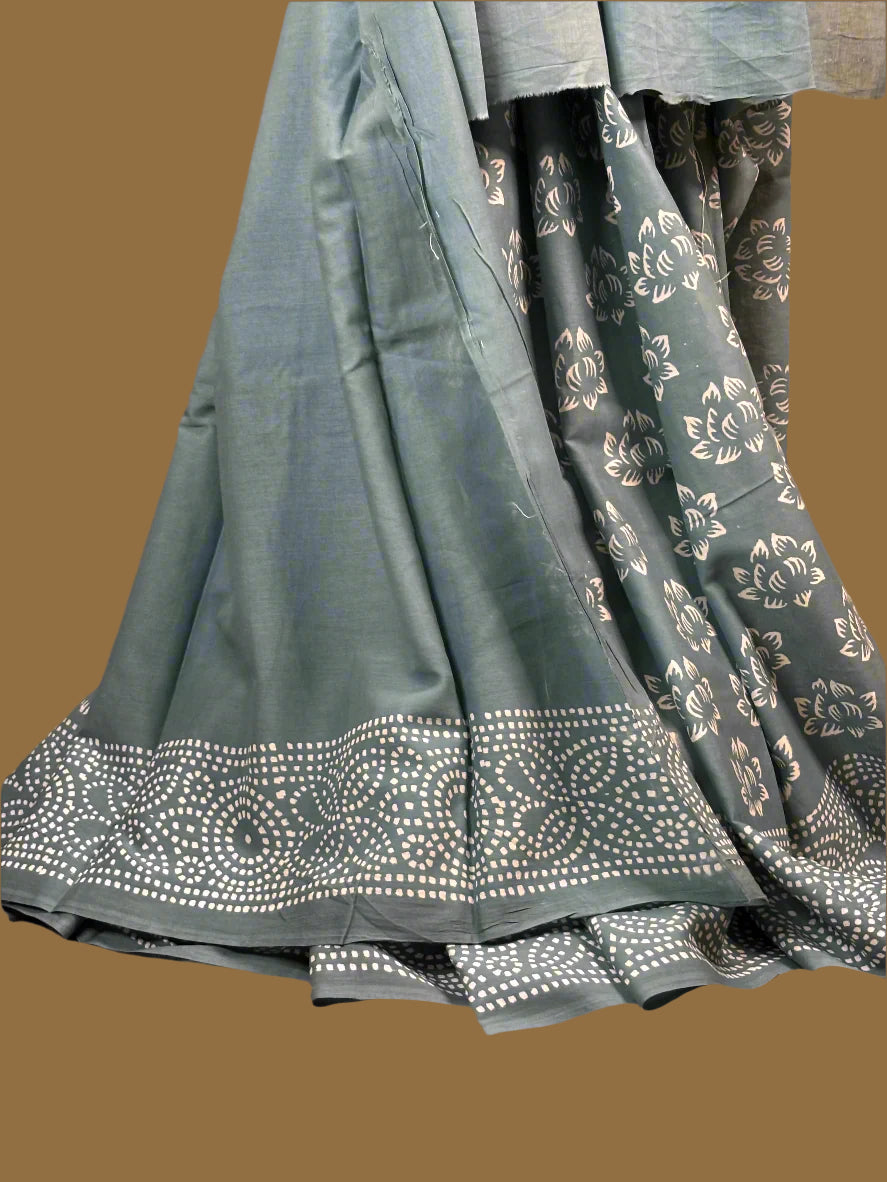 Grey and White Mul Mul Cotton Block Printed Saree