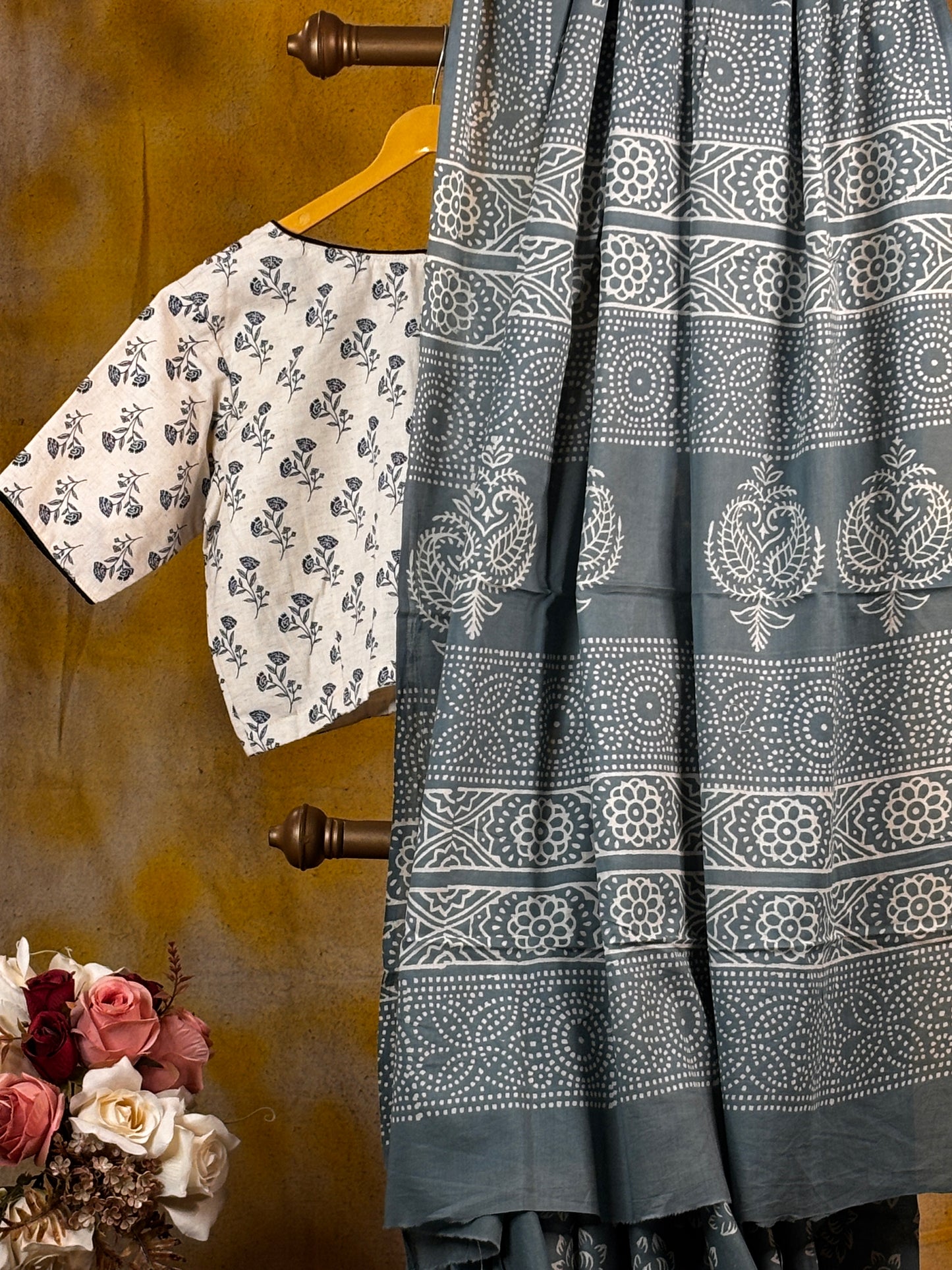 Grey and White Mul Mul Cotton Block Printed Saree