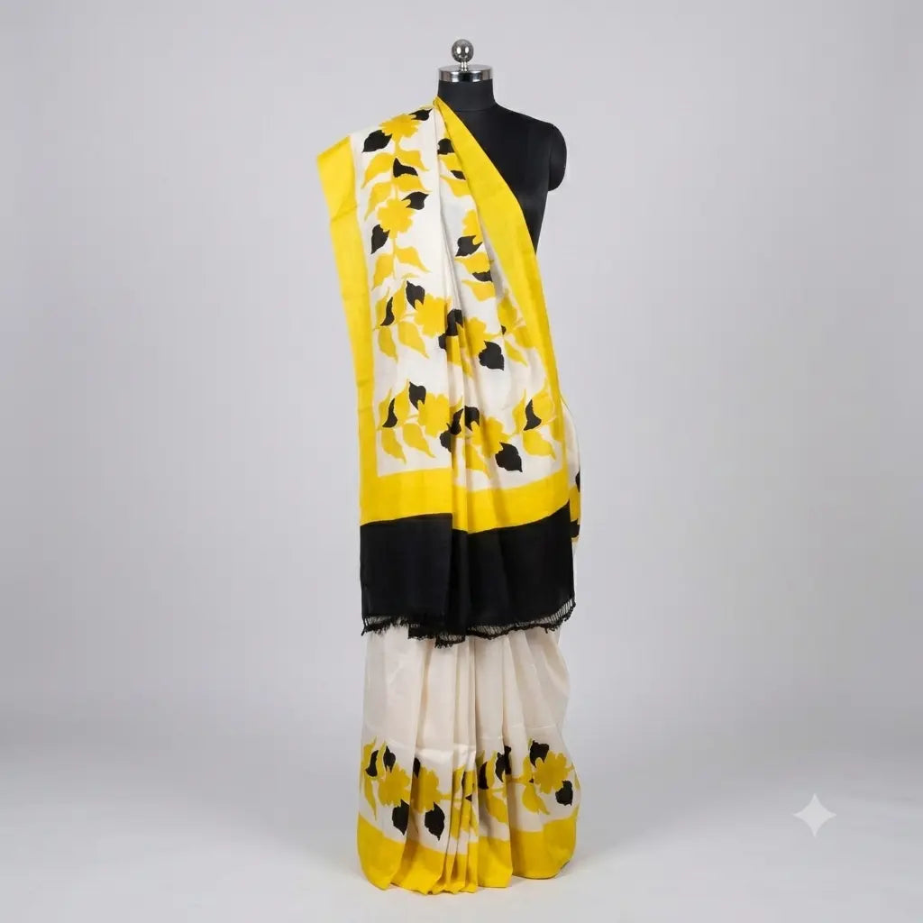 A yellow, black, and white patterned sari draped on a black mannequin torso against a light gray studio background.