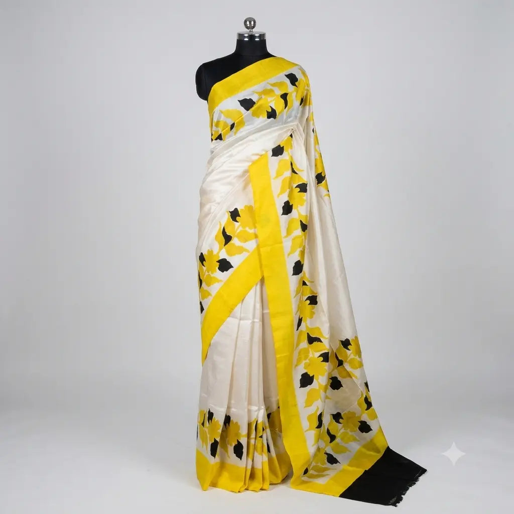 A cream-colored silk saree with a bold yellow and black floral pattern, draped on a black mannequin against a light gray background.