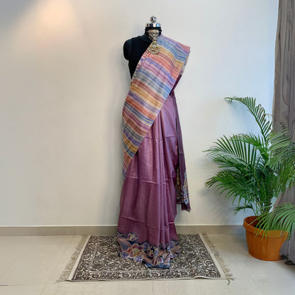 Alcohol Ink Painted Purple Colour Tussar Saree