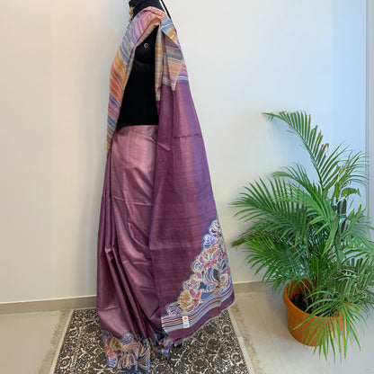 Alcohol Ink Painted Purple Colour Tussar Saree