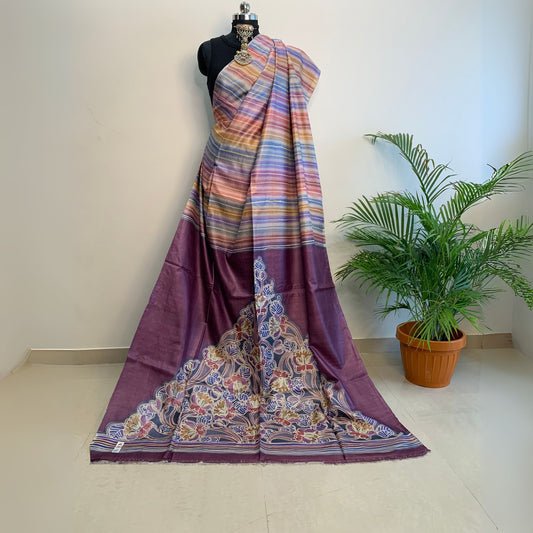 Alcohol Ink Painted Purple Colour Tussar Saree