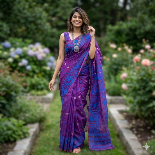 Woman in a purple saree standing in a garden with flowers in the background