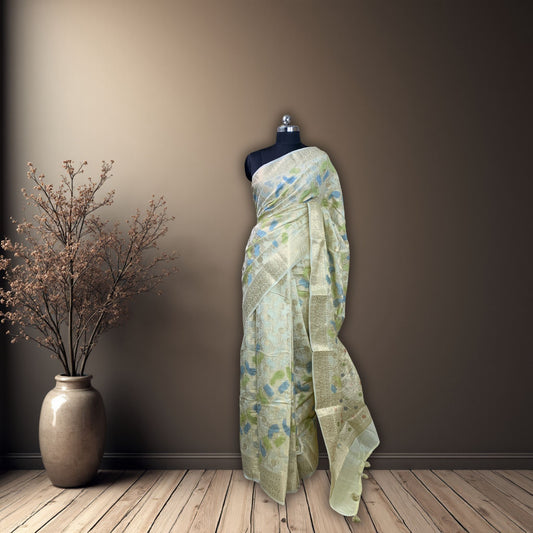 Light Yellow Cotton Chanderi Rangkat Banarasi Saree