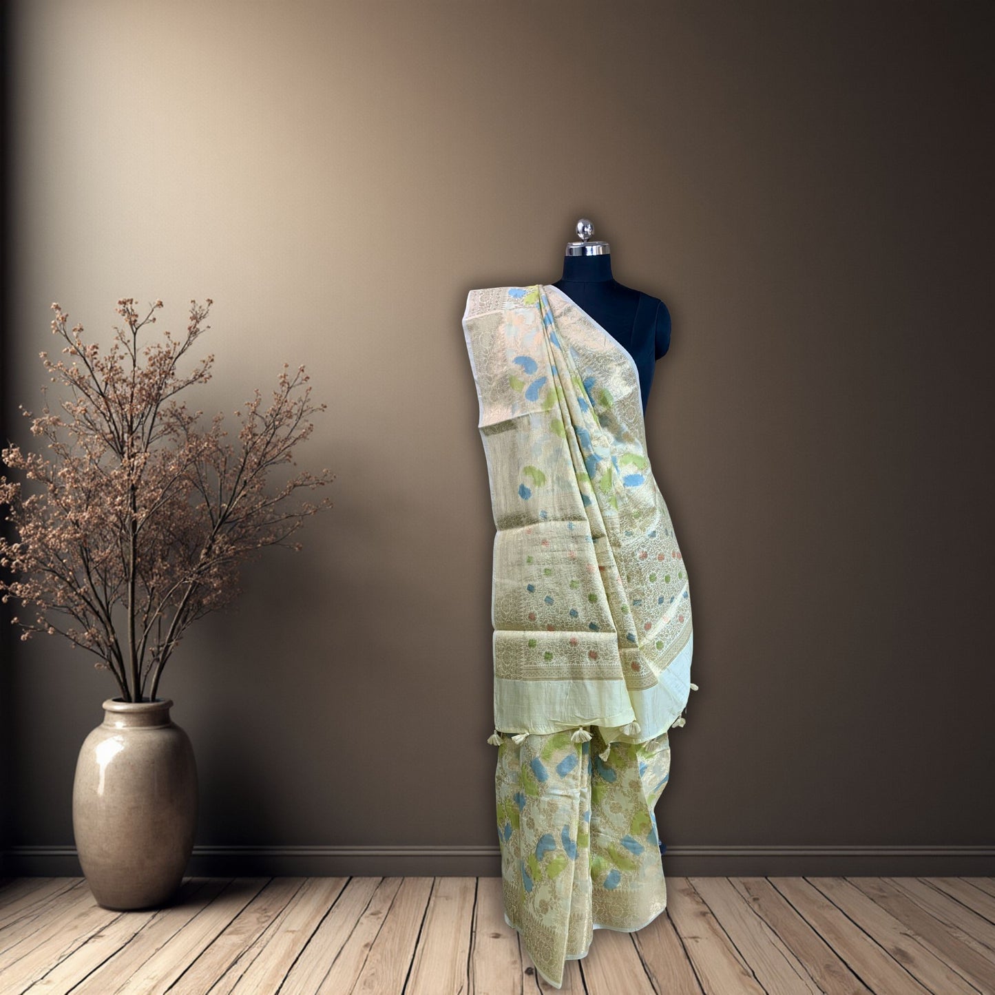 Light Yellow Cotton Chanderi Rangkat Banarasi Saree