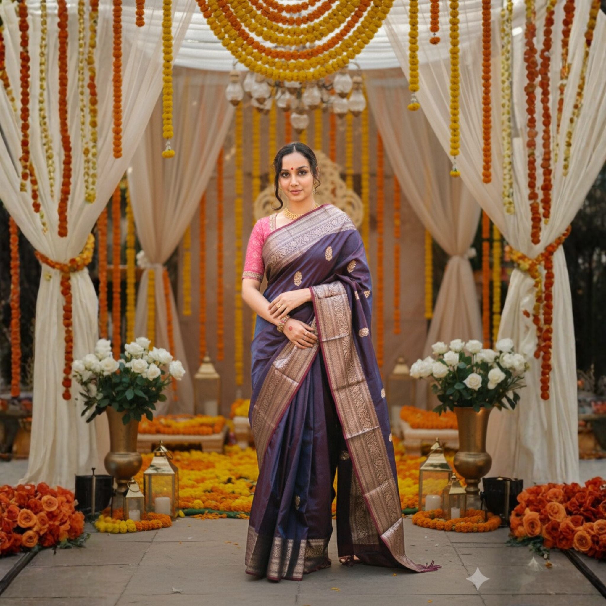 Woman in a traditional saree standing in front of decorative floral and drapery setup.