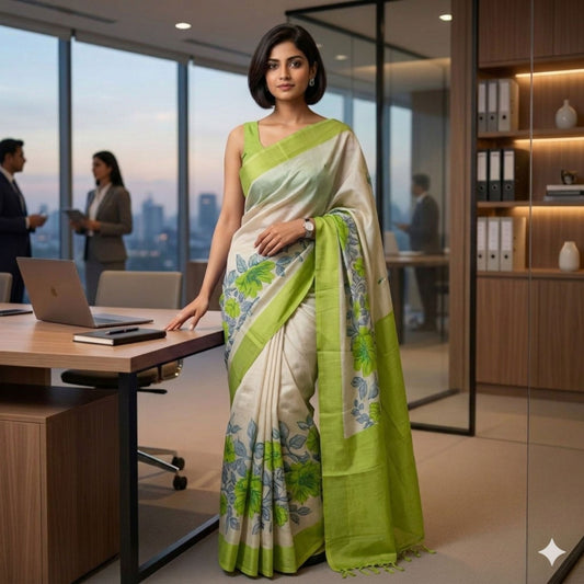 Woman in a green and white saree standing in an office setting with cityscape view.
