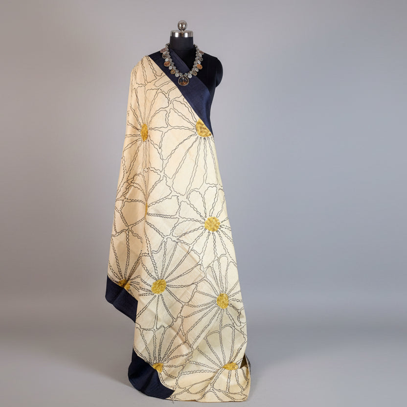 Mannequin wearing a floral-patterned scarf with a dark background