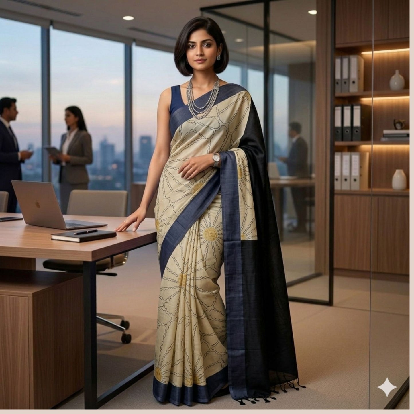 Woman in a saree standing in an office setting with cityscape view